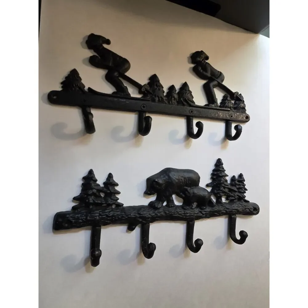 Cast Iron Bear And Skiing Wall Hook Rack Rustic Cabin Lodge Coat Hanger Set Of 2